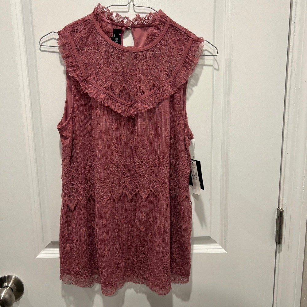 IN San Francisco Womens Lace Top Ruffle High Neck Mauve Medium NWT